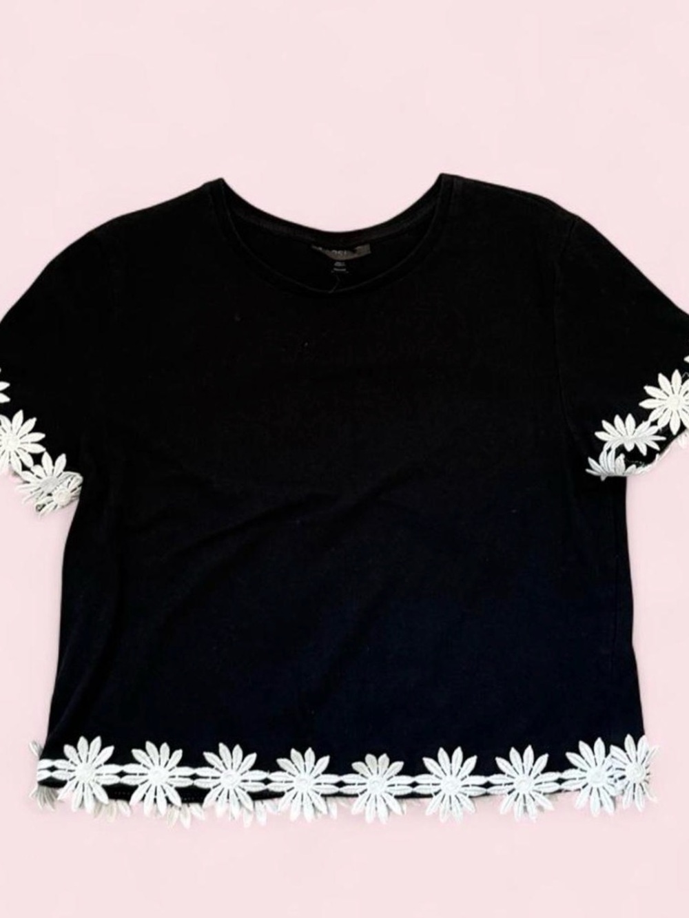 Topshop Black Short-Sleeve Tee with White Daisy Trim